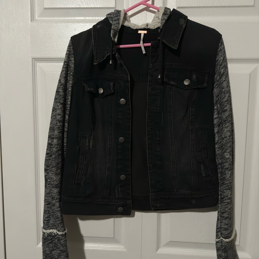 Free People Black Jean Jacket with Heather Gray Sleeves